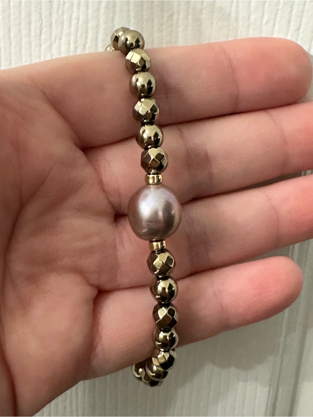 Edison Pearl Bracelet Hematite Gold-Filled Beads Pink Pearl Layering 7.75” NWOT
